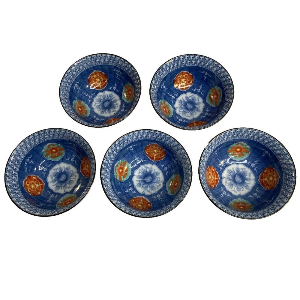 Set of 5 Japanese Arita Juzan Gama Porcelain Blue Floral Rice Cereal Bowls 5"